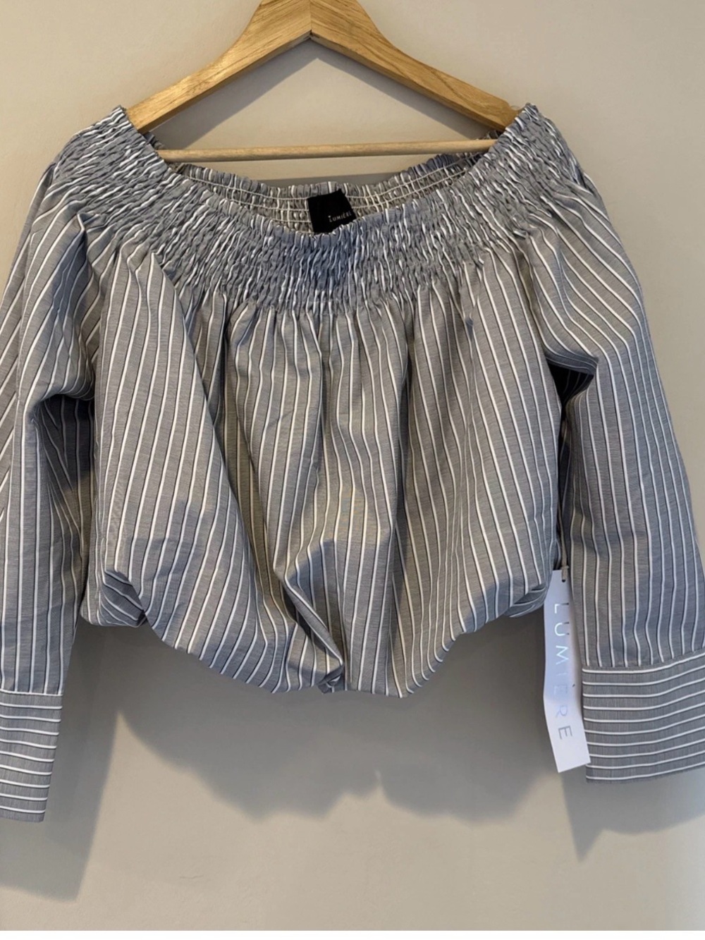 Lumiere Gray & White Pinstripe Off-Shoulder Smocked Crop Blouse